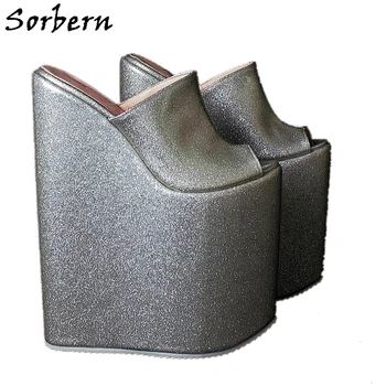 Sorbern Argint Peep Toe Sandale Femei 25 Cm Toc Pană Catâri Platforma Pantofi De Designer Sandale Slip Pe Culori Personalizate