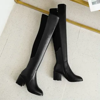 2020 Negru Femei Cizme din Piele Peste Genunchi Cizme Toc 7cm Toamna Iarna Pantofi de Moda de mari dimensiuni 34-43