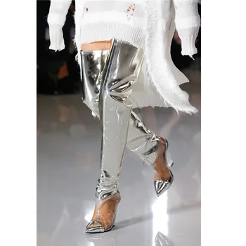 Prova Perfetto Pista Pantofi de Argint PVC Clar Coapsei Cizme Femei Sexy Spike Pană tocuri inalte Pantofi de Partid de Moda Botas Mujer