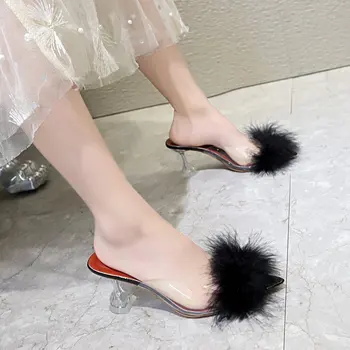 Solid Nou Sexy Femei Papuci Pantofi de Vara cu Blană Pompe de Moda Subțire 6.5 cm Tocuri inalte Afară de Montare-camera Superficial de sex Feminin Diapozitive