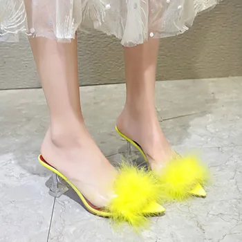 Solid Nou Sexy Femei Papuci Pantofi de Vara cu Blană Pompe de Moda Subțire 6.5 cm Tocuri inalte Afară de Montare-camera Superficial de sex Feminin Diapozitive