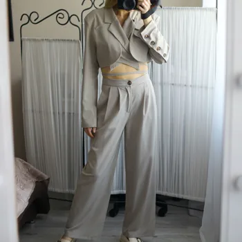 Toamna coreean Streetwear Două Bucata Set Femei Culturilor Sus Office Lady Sexy Dantela-up Blana Scurta + de Înaltă Talie Pantaloni Lungi Set se Potriveste