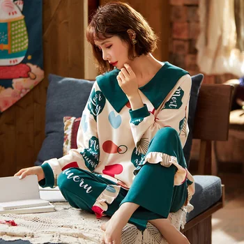 Femei Set De Pijama Toamna Papusa Guler Stil Printesa Drăguț Print Cu Maneci Lungi Pijamale Fete Tinere Din Bumbac Confortabil Haine De Acasă