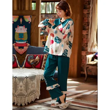 Femei Set De Pijama Toamna Papusa Guler Stil Printesa Drăguț Print Cu Maneci Lungi Pijamale Fete Tinere Din Bumbac Confortabil Haine De Acasă
