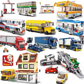 Sluban oraș vehicul Container auto camioane de gunoi rezervor de ulei cu etaj autobuz școlar se spală seturi model blocuri de cărămidă copil jucărie