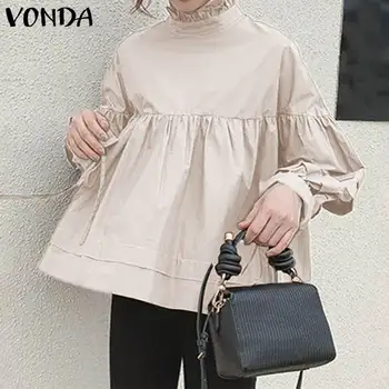 Tunica Femei Bluza Office Tricouri VONDA 2021 Toamna Topuri cu Maneci Lungi Femei Vintage Solid Tricouri Boem Blusas Plus Dimensiune