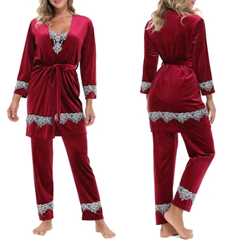 IULIE CÂNTEC Nou Femei Catifea Pijama Set 4 Piese Cald Dantela Sexy Iarna Sleepwear Sling Cămașă de noapte Homewear Plus Dimensiune Halat