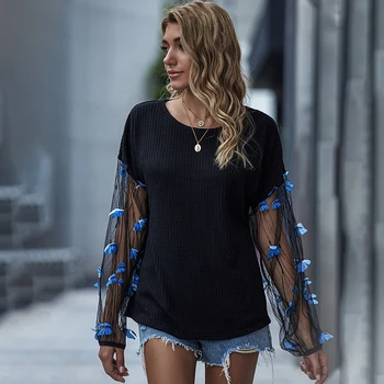 Jastie Mozaic Plasă de Dantelă cu Maneci Femei Chic Bluza Tricou Toamna Casual Top Runda Gât Pulovere Topuri Blusa mujer de moda 2020