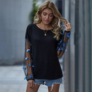 Jastie Mozaic Plasă de Dantelă cu Maneci Femei Chic Bluza Tricou Toamna Casual Top Runda Gât Pulovere Topuri Blusa mujer de moda 2020