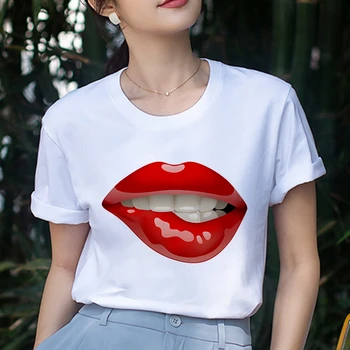 Vogue Femei O Gât Scurt Maneca Tricou Harajuku Sexy buze frumusete de imprimare T-shirt de Agrement stil coreean topuri tricou alb femei