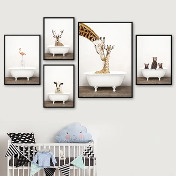 Girafa, Urs, Cerb hipopotam Raton vaca Cadă de Perete de Arta, Printuri Panza Pictura Nordică Poster Poze de Perete Camera Copii toaletă Decor