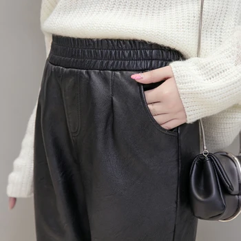 Iarna Pantaloni Lungi pentru Femei PU piele Creion Pantaloni Talie Elastic Gros de Catifea Femei Faux din Piele Pantaloni Casual 2019