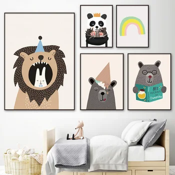 Leu Bunny Urs Panda Pepinieră Arta De Perete Panza Pictura Desene Animate Nordic Postere Si Printuri De Perete Imagini Fată Băiat Decor Camera Pentru Copii