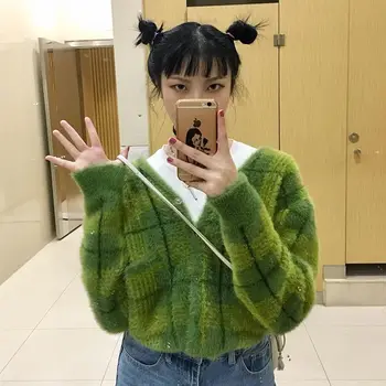 Coreea Moda Toamna Iarna Femei V Gât Pulovere y2k topuri cu maneca lunga Verde Cardigane Femei Sacou Cu Nasturi de Sus a Culturilor