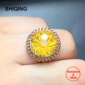 SHIQING VSS Clasa a naturii reale topaz galben S925 argint 12mm mare piatră prețioasă citrin inel pentru femei cu certificat