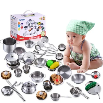 32pcs de Bucătărie din Oțel Inoxidabil de Gătit Ustensile de Vase de Bucătărie Alimente Cadou Mini Bucatarie Cook Instrumente de Simulare Joc de Gatit Jucărie