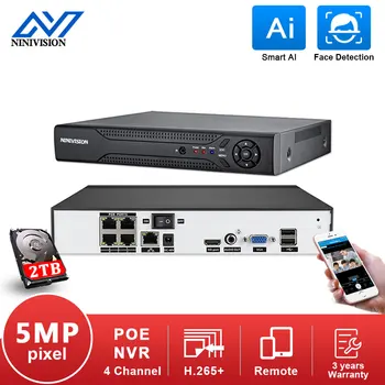 NIVISION H. 265 4 CANALE NVR POE 1080P 5MP Supraveghere CCTV NVR PoE 48V Pentru H. 265 Camera IP P2P ONVIF Network Video Recorder Cu 2TB