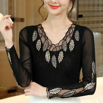 Top camasa slim 20020 moda toamna brodate cu diamante maneca lunga plasă tricou casual negru elegant tricou femei topuri