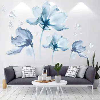 Floare albastră Perete Amovibil Autocolante 3D de Cerneală Acuarelă Arta de Perete Decalcomanii de Arta Murala pentru Camera de zi de Decorare Dormitor Decor Acasă