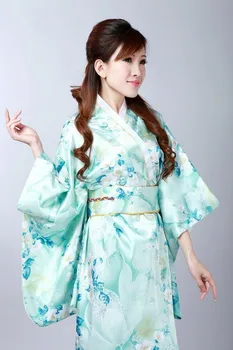 Moda Albastru Femeile Japoneze de Matase Satin Kimono Yukata Seara Rochie de Flori O Mărime Transport Gratuit H0047