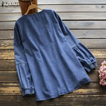 ZANZEA Vintage Denim Bluza Femei cu Maneci Lungi, Broderie Topuri Casual Pierde Ciucure Blusas Combinezon Plus Dimensiunea V gât Lace Up Shirt7