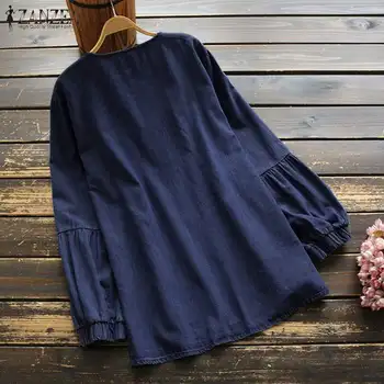 ZANZEA Vintage Denim Bluza Femei cu Maneci Lungi, Broderie Topuri Casual Pierde Ciucure Blusas Combinezon Plus Dimensiunea V gât Lace Up Shirt7