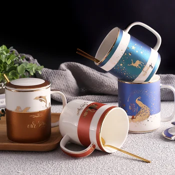 EWAYS INS Nordic Cana Ceramica Retro Gura de Aur Bone China Cu o lingura de acoperire Ceașcă de Cafea Cuplu Creative de Înaltă Calitate Cana