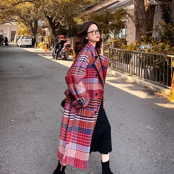 Casual Sex Feminin Lână Jachete În Carouri Femei Amestecuri De Haine 2020 Toamna Iarna Roșu Mediu Și Lung Gros Palton Cald Liber Îmbrăcăminte Coreeană