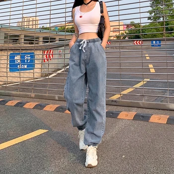Darlingaga Liber Casual Cordon Femeie Blugi Elastici Pantaloni De Marfă Solidă În 2020 Streetwear Pantaloni Din Denim Coreean Blugi Talie Mare