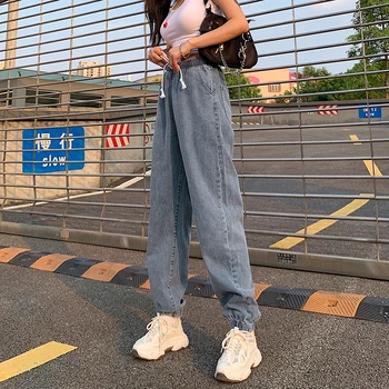 Darlingaga Liber Casual Cordon Femeie Blugi Elastici Pantaloni De Marfă Solidă În 2020 Streetwear Pantaloni Din Denim Coreean Blugi Talie Mare