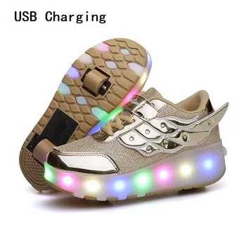 Copii, Unul de Două Roți Luminoase Stralucitoare Adidași Aur Roz de Lumină Led Pantofi de Skate Role Copii Condus de Pantofi pentru Băieți și Fete de Încărcare USB