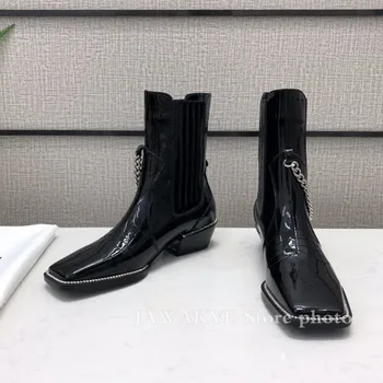 Spaure deget de la picior Negru Toc Chelsea Cizme Femei Pista Pantofi Glezna Cizme de Piele Neagră Strălucitoare Scurt botas 2020 Cristal Lanț de Pantofi