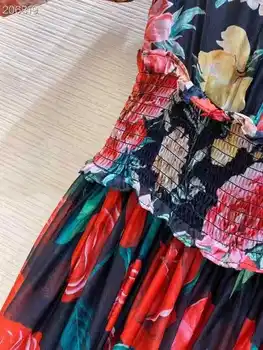 Pista Designeri 2021 Primăvara Vintage Maneca Lunga Talie Elastic Flori De Imprimare Rochii Pentru Femei Elegante Midi Neagra Cu Volane Rochie
