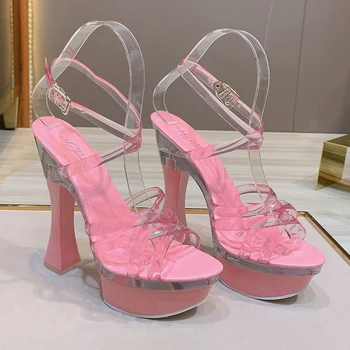Gladiator de Vară 2020 Femei pantofi de Mers pe jos Show-Model de Pantofi cu toc înalt Sandale Cross-Curea 14cm Sexy Platformă Transparentă de sex Feminin