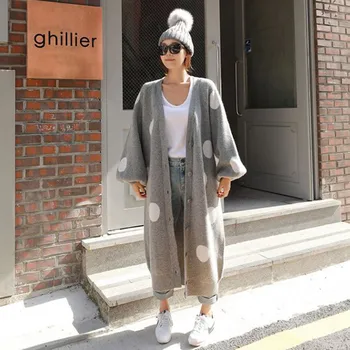 Johnature coreean Toamna Iarna Femei Haină Lungă 2021 Nou Liber Pulover Tricotate Pieptul Singur O-gât Puff Maneca Îmbrăcăminte Paltoane