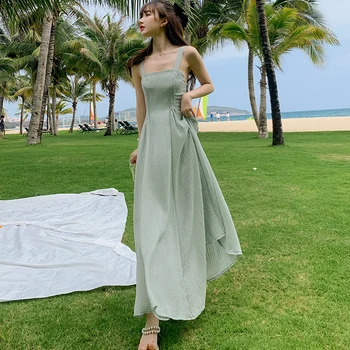 Femei Galben Verde Lunga Cu Spatele Gol Rochia De Vară 2020 Pista De Petrecere Elegantă Rochie Maxi Coreean Tropical Beach, Vacanta, Sundress