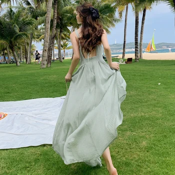 Femei Galben Verde Lunga Cu Spatele Gol Rochia De Vară 2020 Pista De Petrecere Elegantă Rochie Maxi Coreean Tropical Beach, Vacanta, Sundress