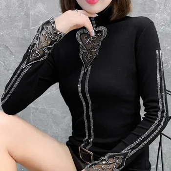 2020 Toamna Guler tricouri Femeie de Moda sexy hollow out ochiurilor topuri Elegante slim cu maneca lunga tricou negru plus dimensiune