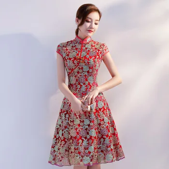Elegant Doamnelor Plasă Cheongsam Noul stil Chinezesc Mandarin Guler Genunchi Lungime Rochie de Femei Qipao Slim Rochii de Partid Vestido