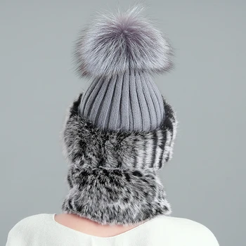 Doamnelor păr de iepure acrilice tricotate pălărie de vulpe blană de raton minge nou toamna și iarna cald eșarfă set caciula de blana