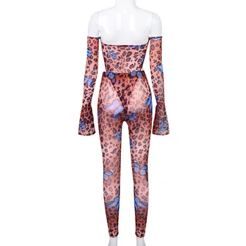 Joskaa leopard fluture Plasă Tipărite off-Umăr flare Sleeve body tinutele sexy casual clubwear pentru femei Costum din două Piese