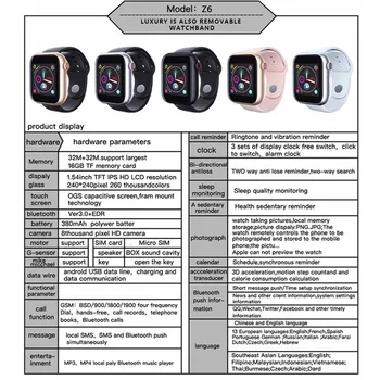 Noi Z6 Bluetooth Smart Watch Monitor Somn Video Player Ceas Smartwatch Suport 2G SIM Card TF Camera Music Player Ceasuri EH#