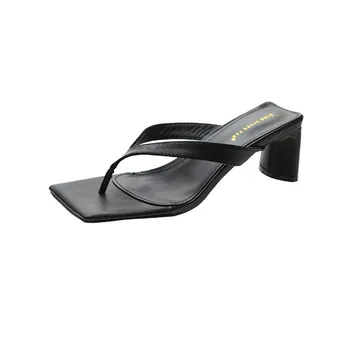 Femeile Sandalsprint Tocuri Strappy Sandale Papuci Femei Tocuri Flip Flops Square Toe Slide-Uri De Partid Pantofi De Femeie Negru
