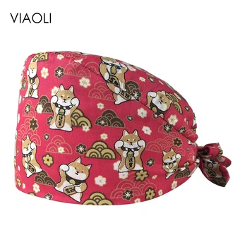 VIAOLI-cartoon print Câine Norocos Fundal Roșu capac Tieback exfoliant de curatare pălărie tratament pentru animale de Companie magazin bonetă salon de frumusețe munca pălărie