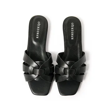 Confortabile Sandale Pantofi De Plaja Doamnelor Negru Alunece Pe Tobogane De Brevete Din Piele Femei Sandale Plate Vara 2018 Plus Dimensiune Designer