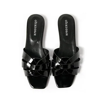 Confortabile Sandale Pantofi De Plaja Doamnelor Negru Alunece Pe Tobogane De Brevete Din Piele Femei Sandale Plate Vara 2018 Plus Dimensiune Designer