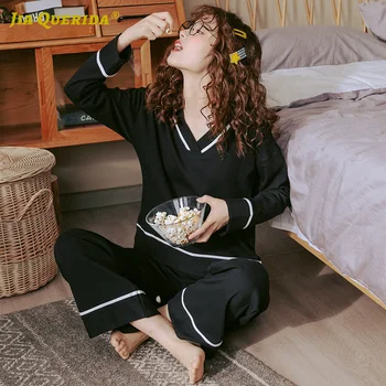 Nouă Primăvară V Gâtului Homeclothes Homesuit Chineză Pijama Body Pentru Femei Pj Set Pijama Set Top Negru Negru Pantaloni Stil De Moda