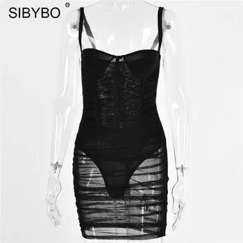 SIBYBO Plasă Transparentă Sexy Bodycon Rochii Femei rochie fără Mâneci Ruched Rochie de Vara Negru Curele de Partid Clubwear Scurt Vestidos