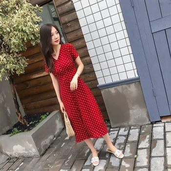 Femei la modă lui dot butonul Cutat Șifon Dress Noi V-neck lungime medie vrac se potrivi retro franceză rochie SS1085