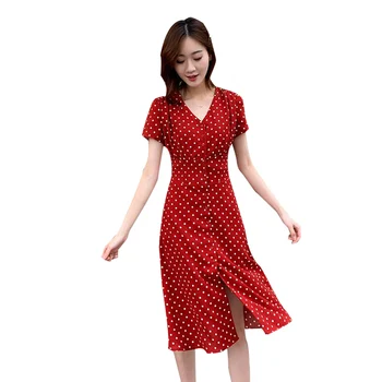 Femei la modă lui dot butonul Cutat Șifon Dress Noi V-neck lungime medie vrac se potrivi retro franceză rochie SS1085